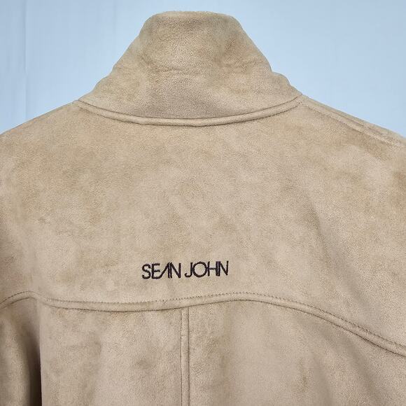 Vintage Sean John Bomber Jacket Men’s M Beige Faux Suede Logo Patch Y2K - Picture 4 of 8